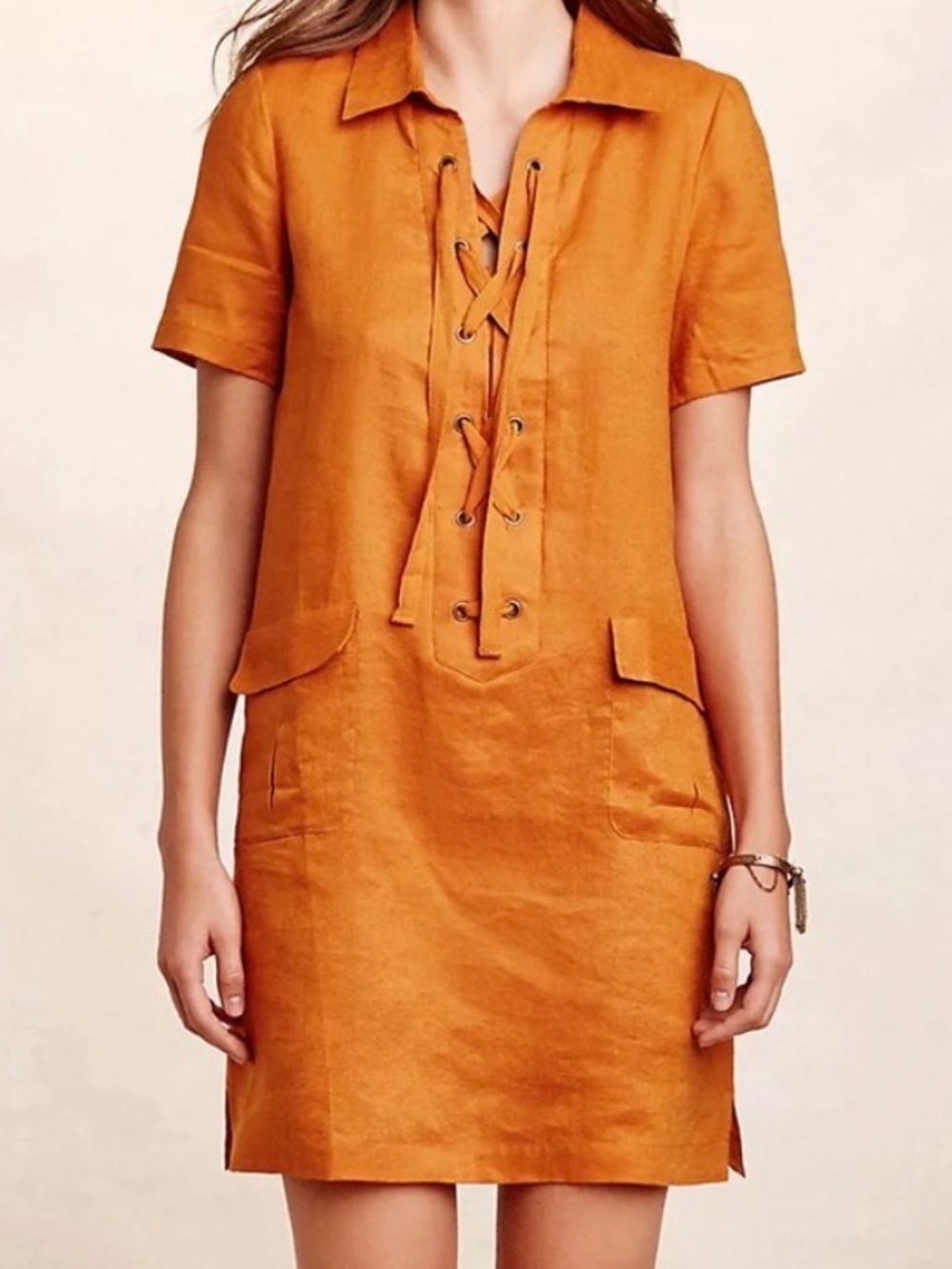Maeve Anthropologie Burnt Orange Linen Lace Up Tunic Dress Size 2